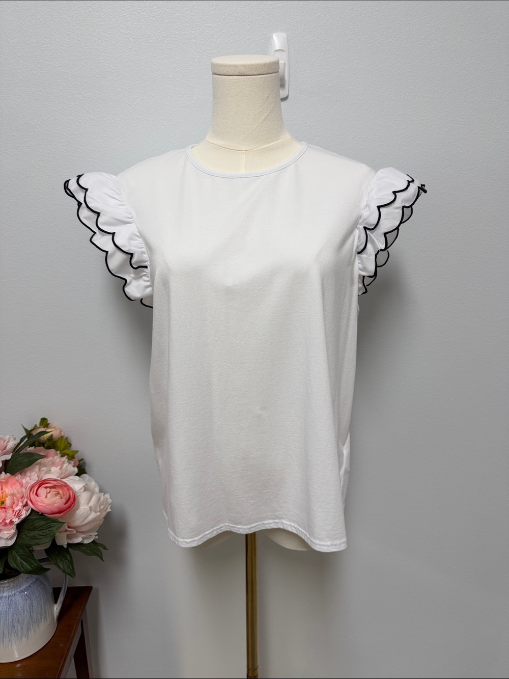Nanette Lepore White Ruffle Sleeve Top with Black Trim